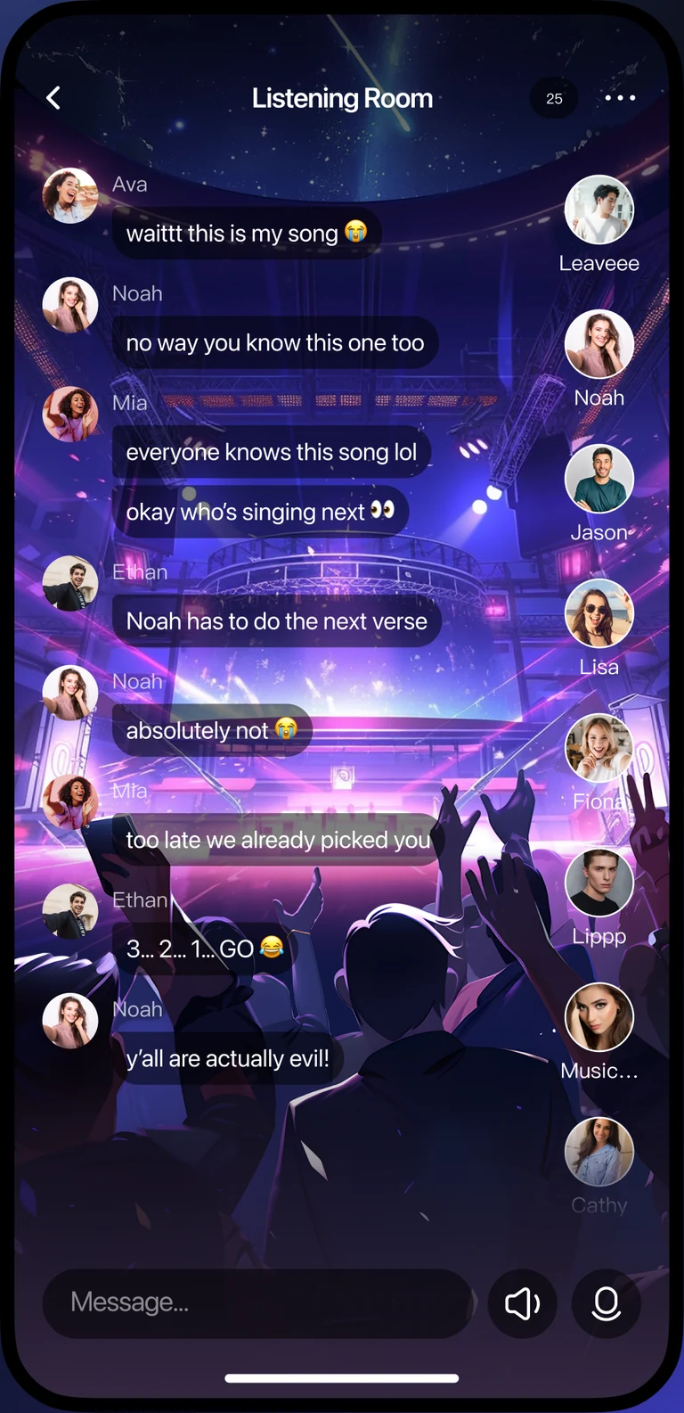 Jamuze Listening Room with a concert stage, live conversation, and listeners