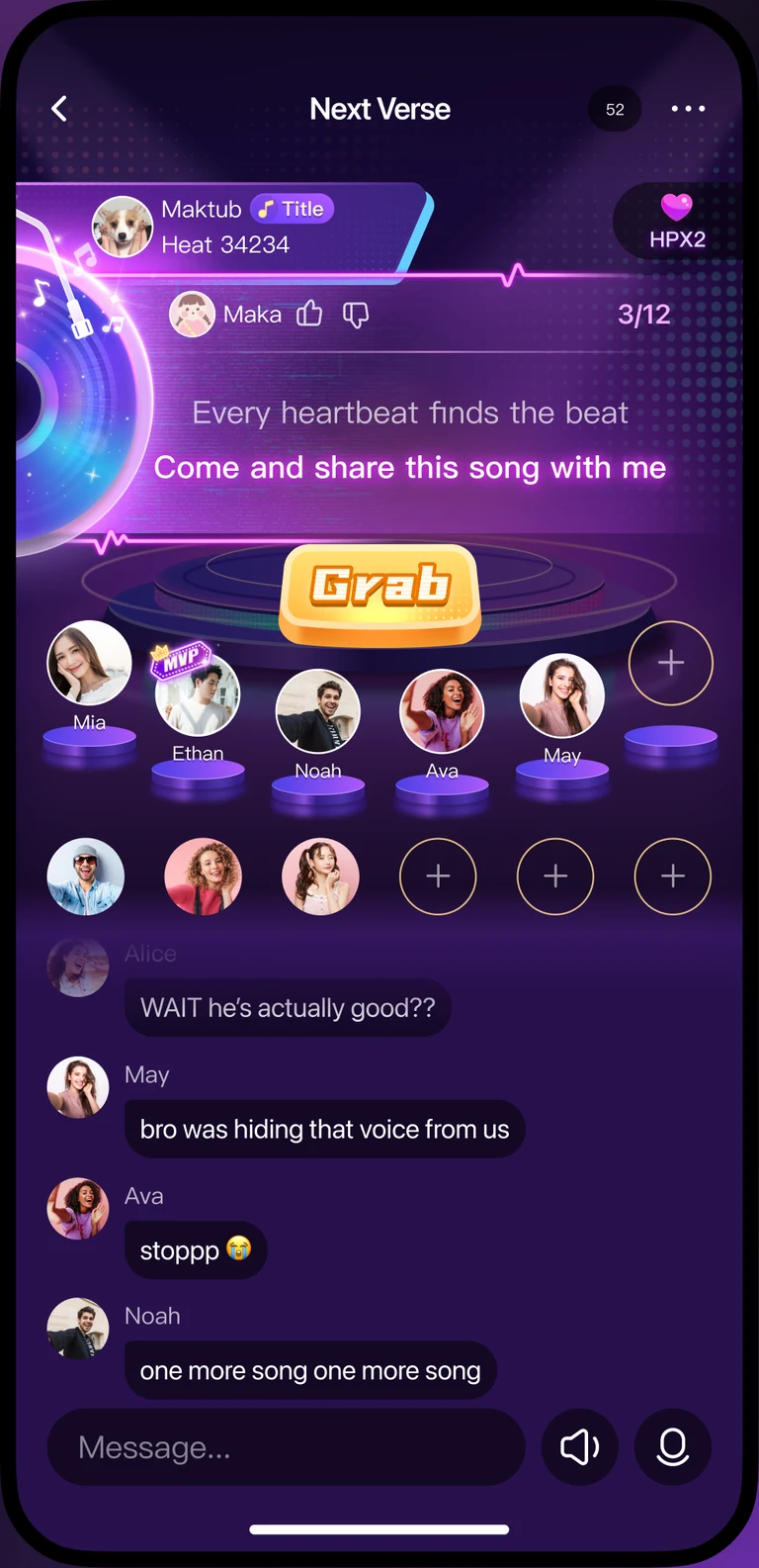 Next Verse gameplay: lyrics, a Grab microphone button, and players taking turns singing