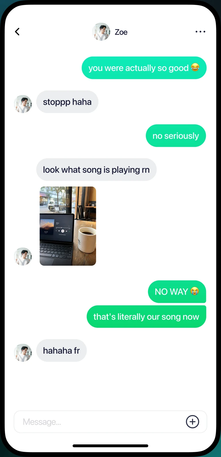 Jamuze chat screen sharing a song, a photo, and messages